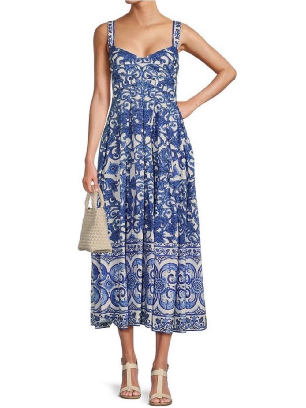 Antonio Melani Gabriella Blue and White Printed Sweetheart Midi Dress NWT Sz 10